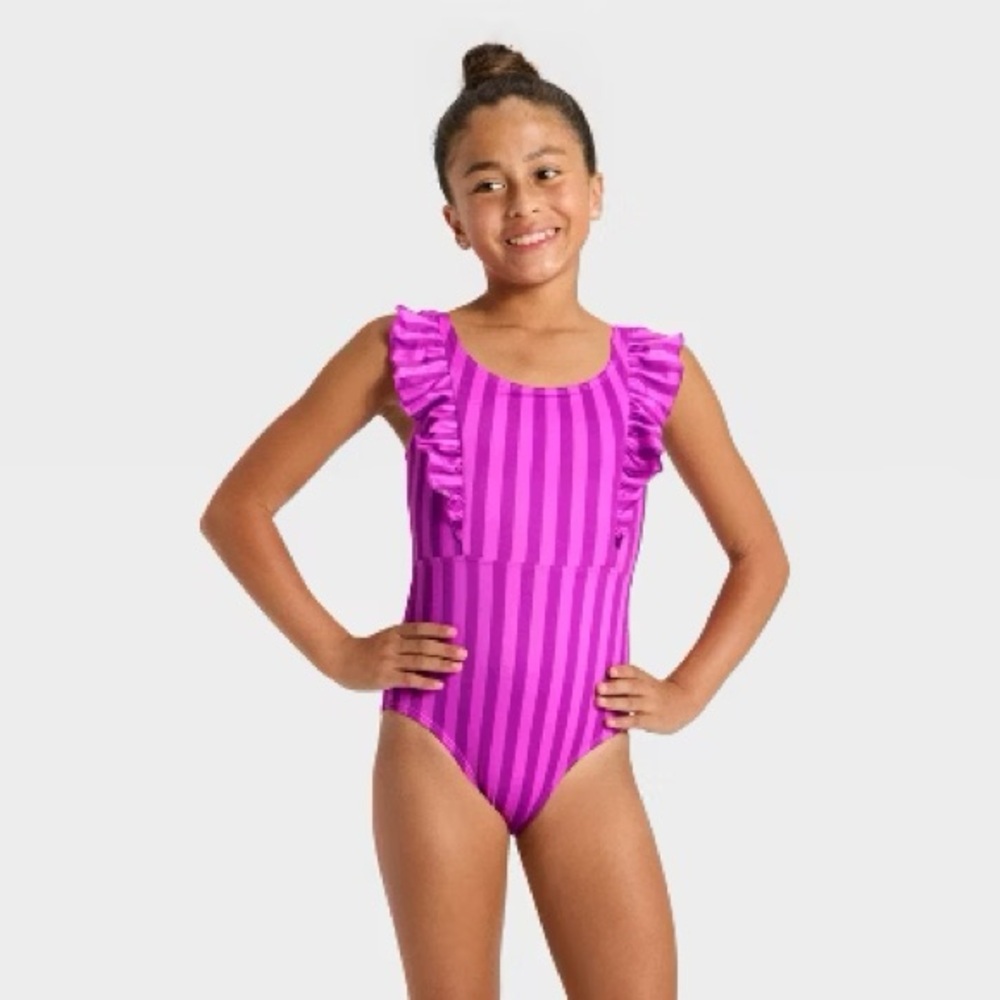 Cat & Jack Girls Ruffle Striped One Piece Swimsuit Size 8 Pink Purple